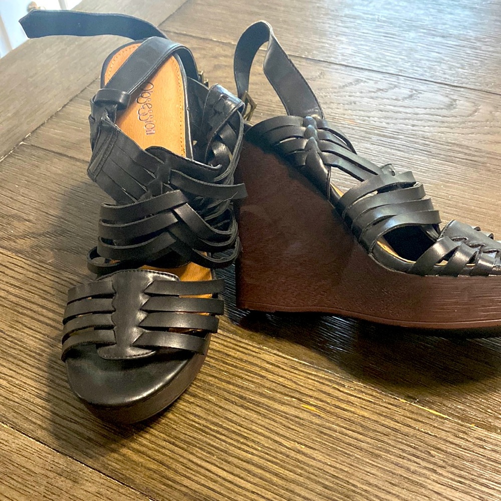 Black wedges with ankle wrap strap